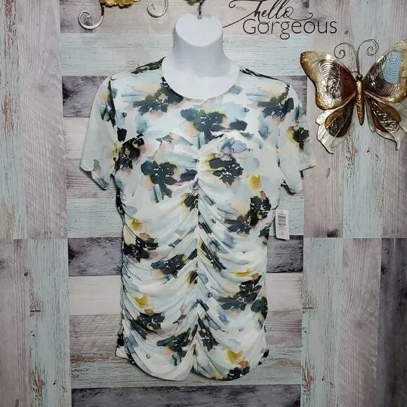 Torrid Sz 2 2X Stretch Mesh Crew Neck Ruched Top Multi Floral Gathered NWT 325 - Picture 1 of 10